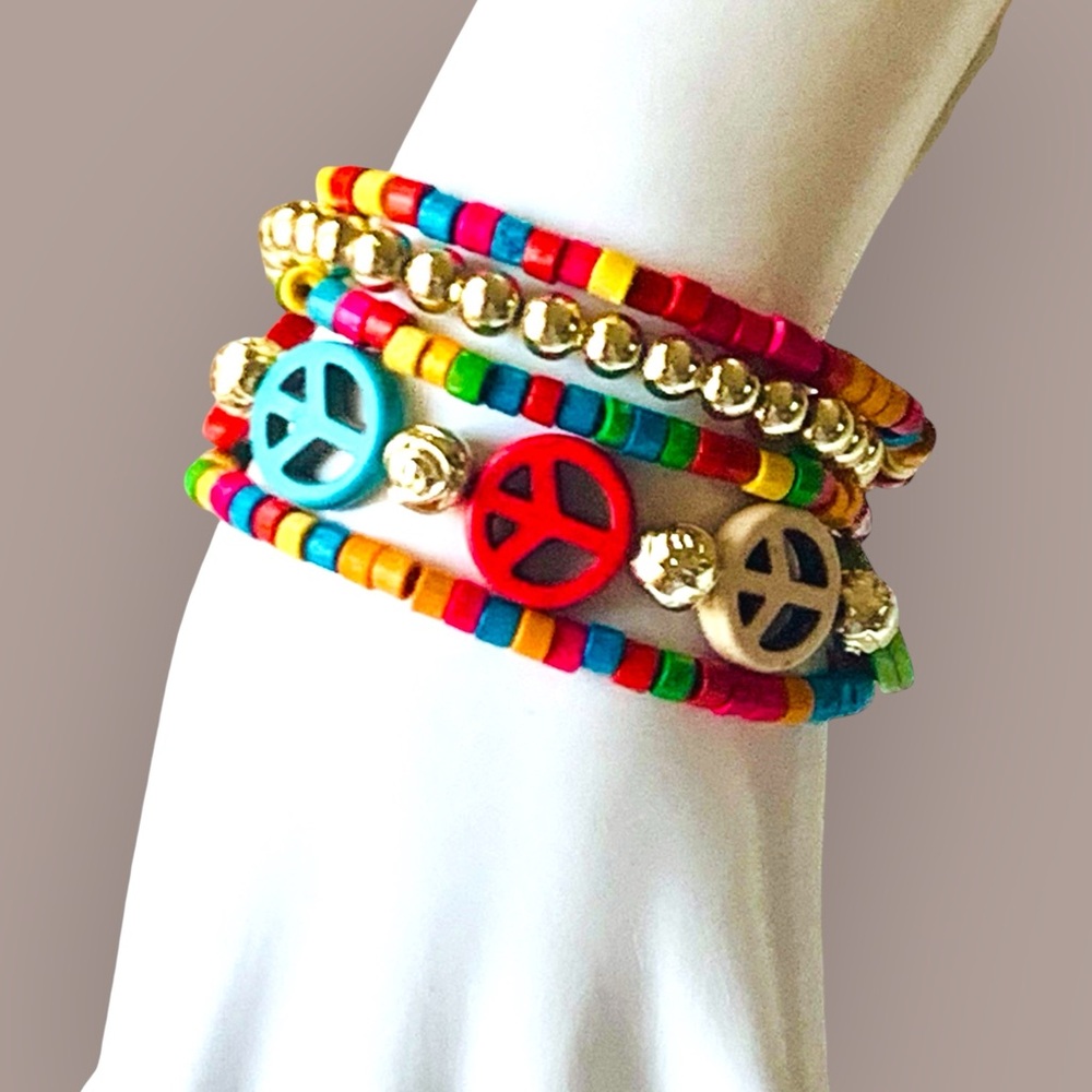 Colorful Peace Symbol Wooden Beaded 5 Bracelets Set
